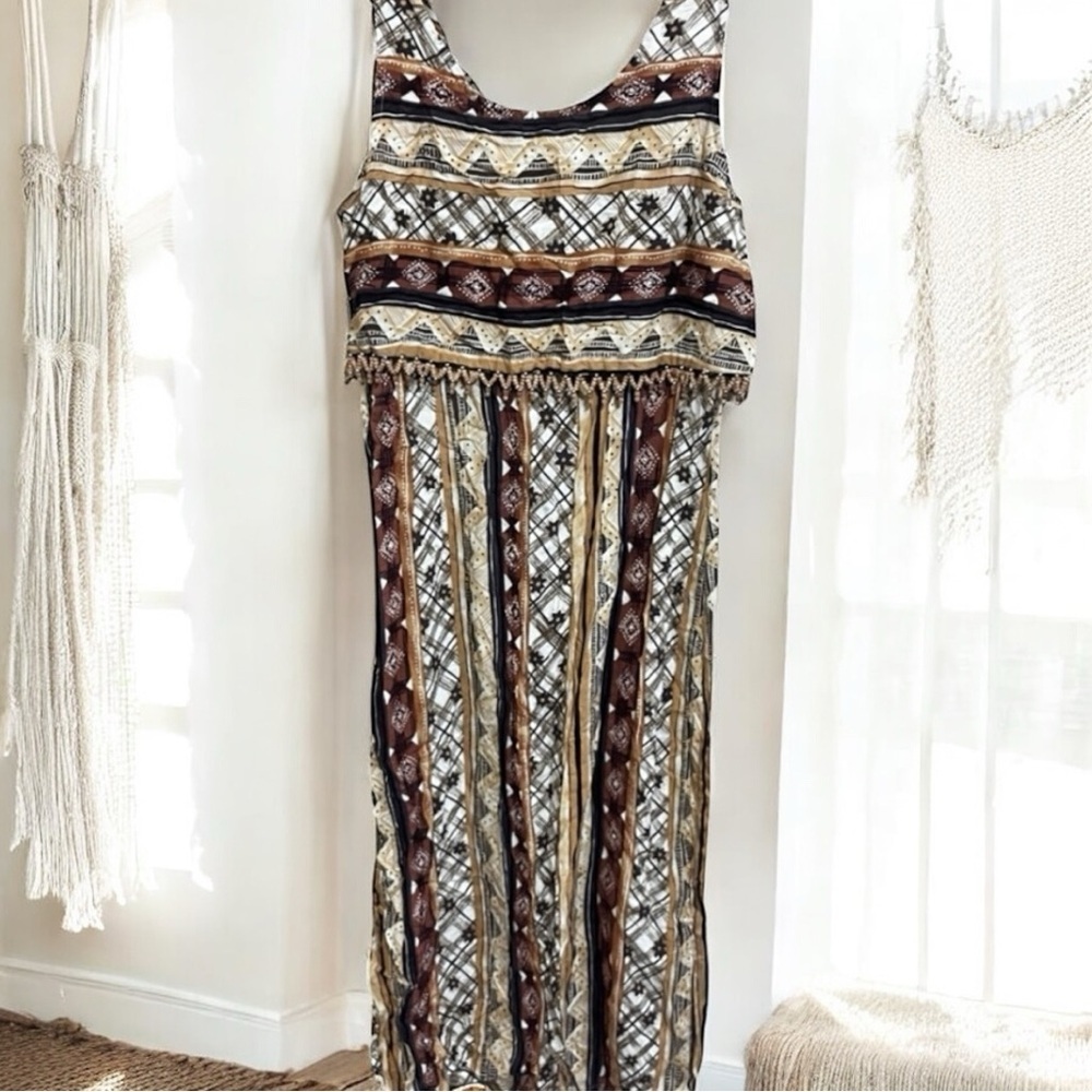 Vintage 90s Floral Aztec Tassel Indie Boho Hippie Cottage Maxi Dress Medium